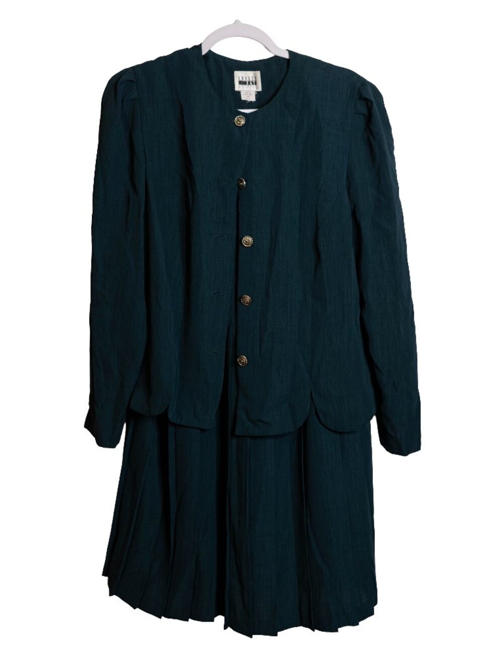 Vintage Leslie Faye 80s 90s Dark Green Pleated Skirt & Jacket Set - 14 Petite
